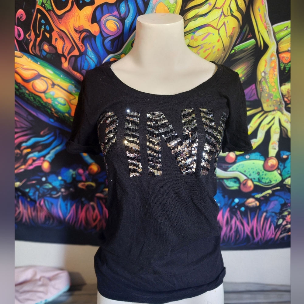 Victorias secret pink bling zebra tshirt (sequin, size s) y2k